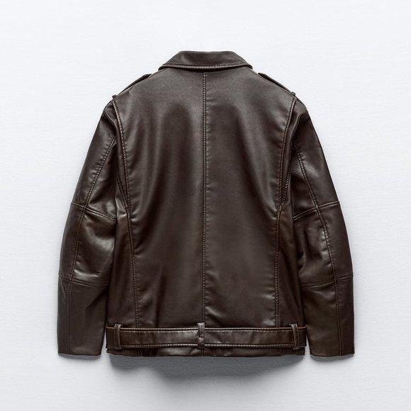 NWT ZARA WASHED FAUX LEATHER OVERSIZED BIKER JACKET DARK BROWN - Picture 10 of 11
